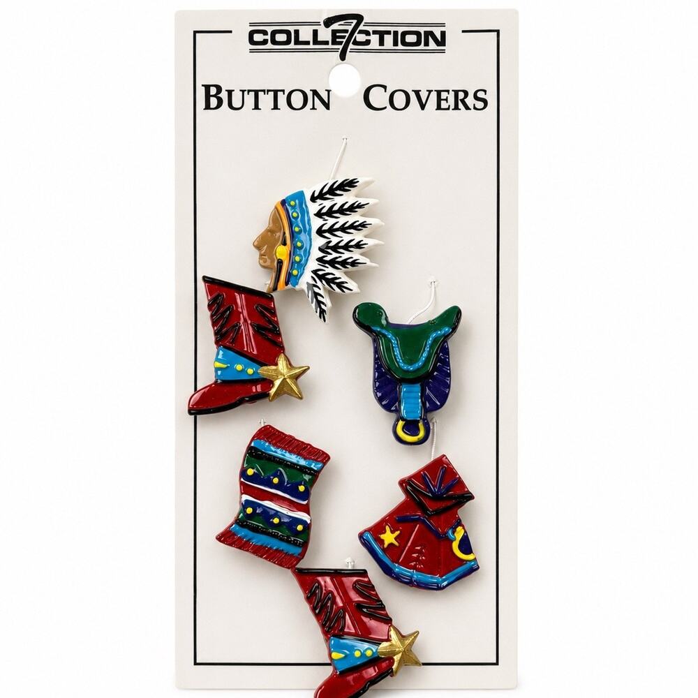 VTG Collection 7 Western Button Covers Set of 6 Cowboy Boots Saddle NOS Taiwan